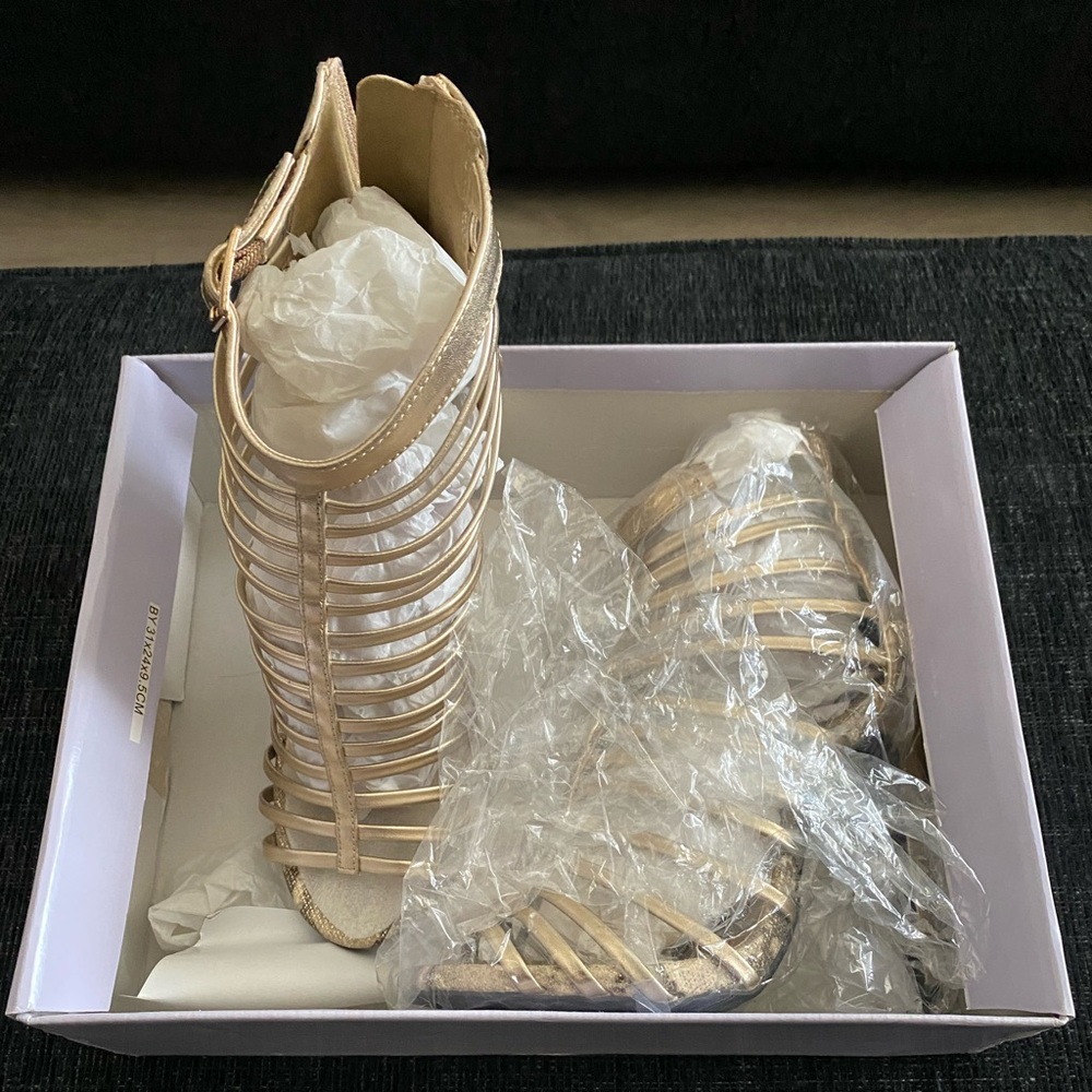 Brand new never worn gold cage open toe heels with zipper back